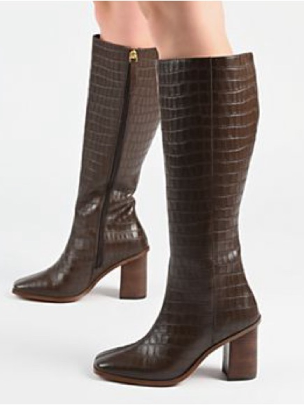Journee Extra Wide Calf Brown Croc Knee High Boot - Picture 2 of 8